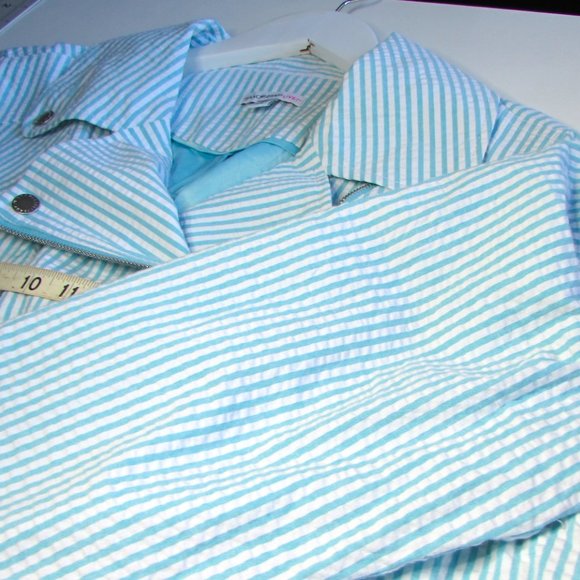 Isaac Mizrahi Moto Teal Pinstripe Seersucker - Picture 6 of 9